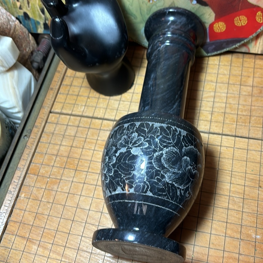 Marble Vase Black Etched Floral Heavy 2lb 1oz EUC 9.25”H x 3.5”D